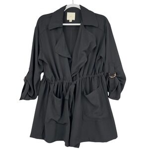 TGLA Black Drawstring Waist Trench‎ Coat Jacket Collared Roll Tab Sleeve Medium